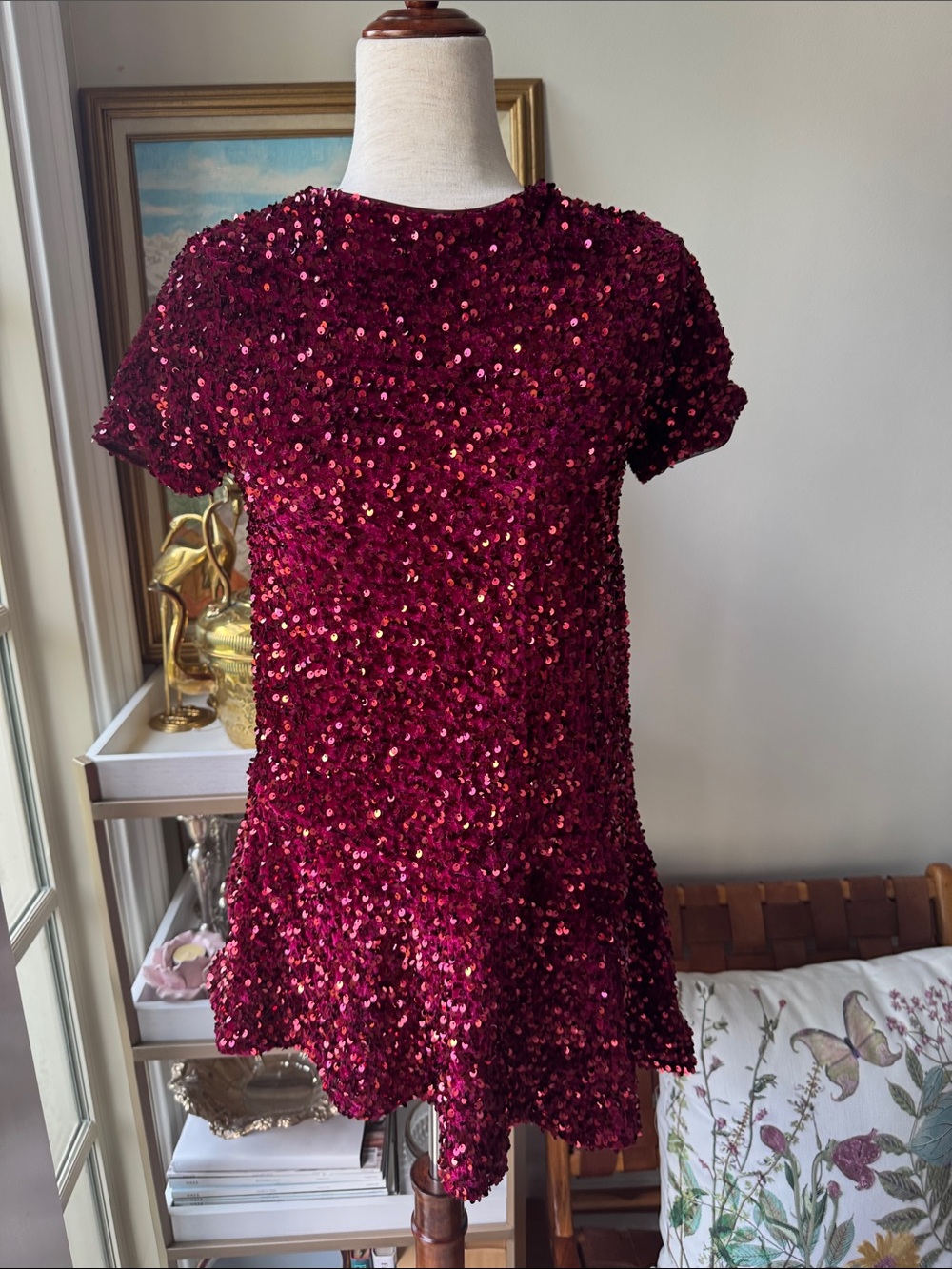 Zara Girls Burgundy Sequin Short-Sleeve Party Christmas new year Dress